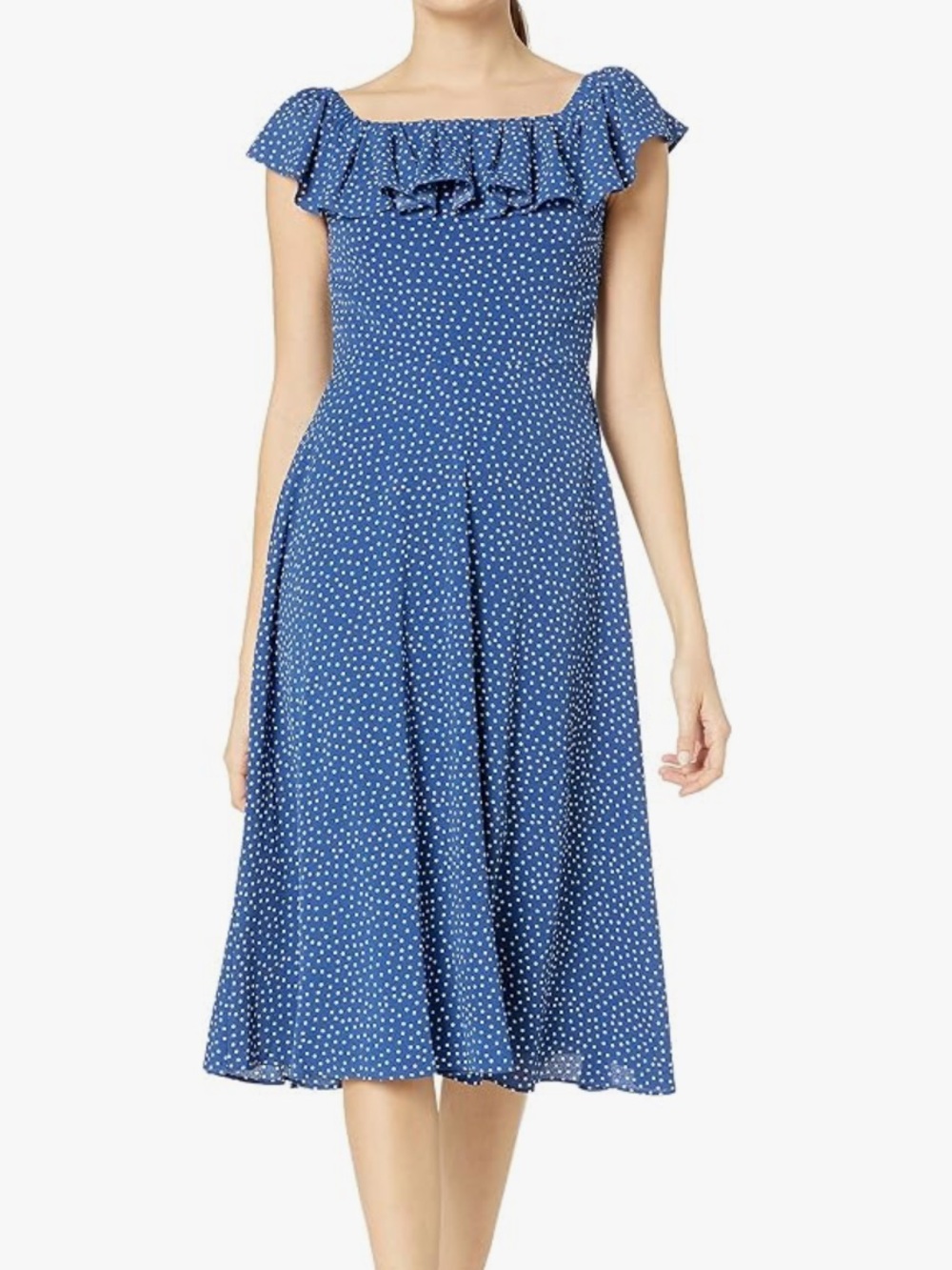 Betsey Johnson Blue Polka Dot Off-the-Shoulder Midi Dress with Ruffle